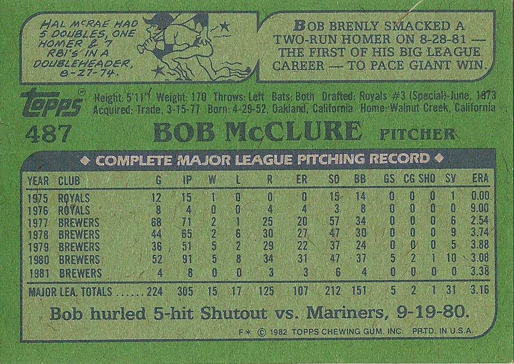 Bob McClure  baseball card collectible - Main Image 2