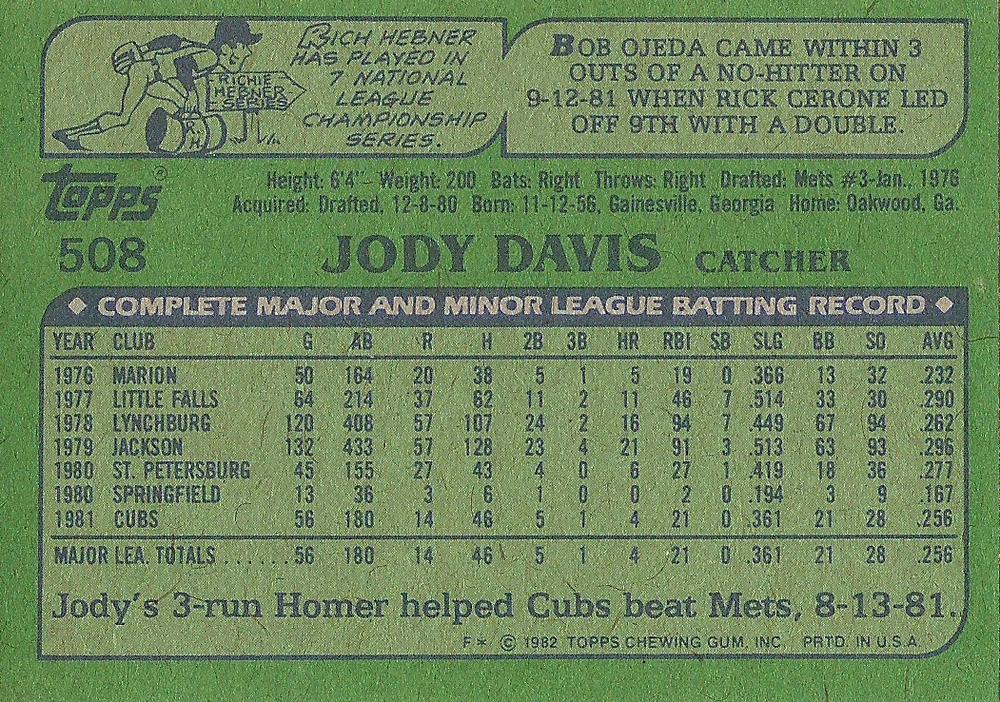 Jody Davis  baseball card collectible - Main Image 2