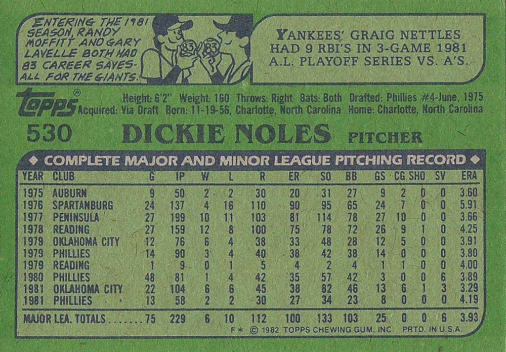 Dickie Noles  baseball card collectible - Main Image 2