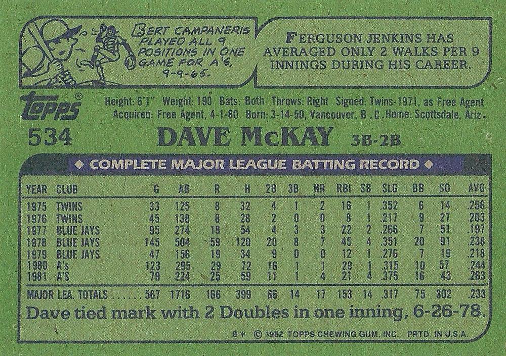Dave McKay  baseball card collectible - Main Image 2
