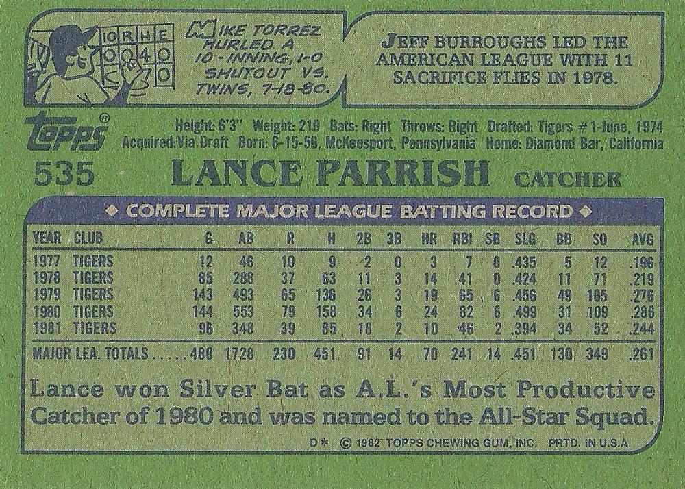 Lance Parrish  baseball card collectible - Main Image 2