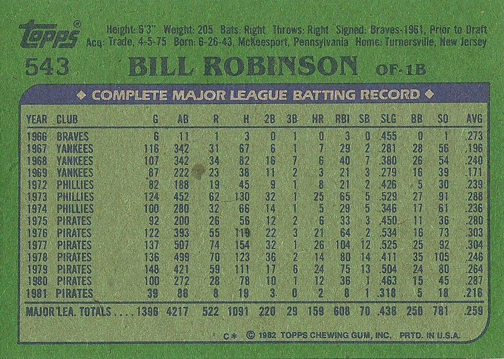 Bill Robinson  baseball card collectible - Main Image 2