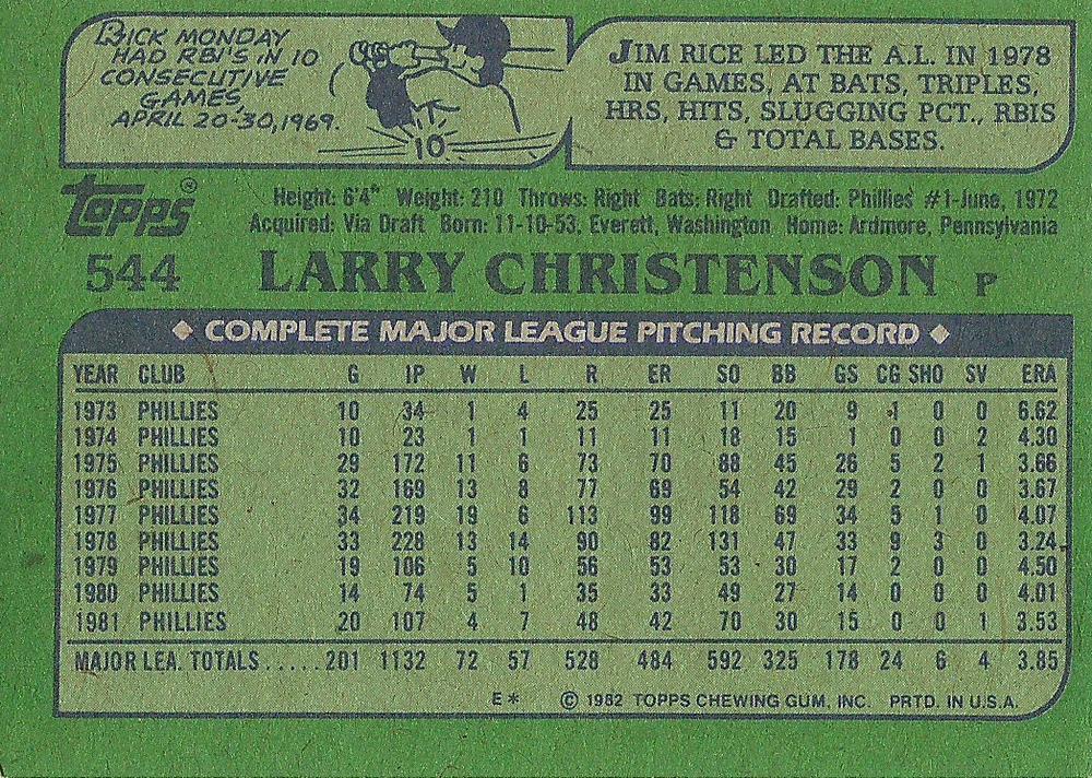 Larry Christenson  baseball card collectible - Main Image 2