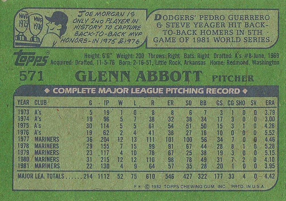 Glenn Abbott  baseball card collectible - Main Image 2