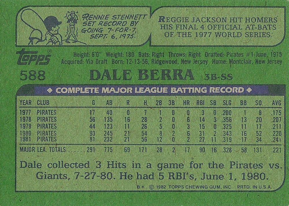 Dale Berra  baseball card collectible - Main Image 2