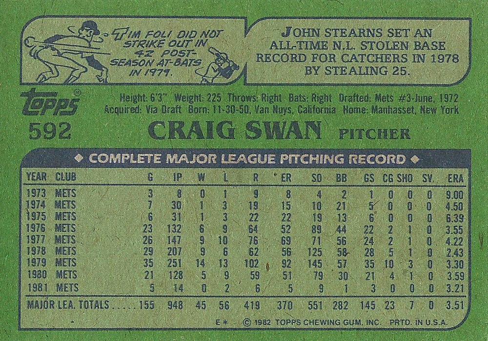 Craig Swan  baseball card collectible - Main Image 2