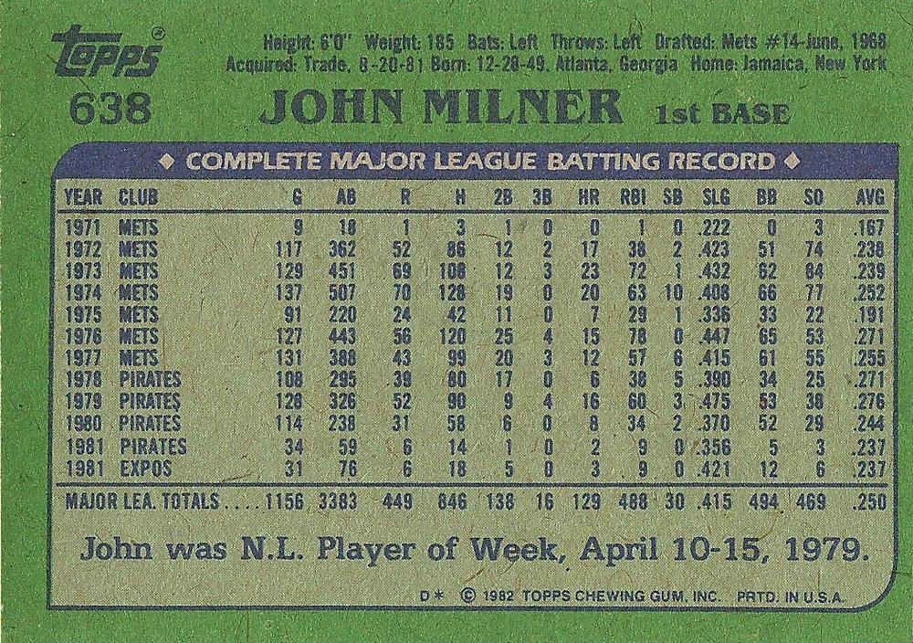 John Milner  baseball card collectible - Main Image 2