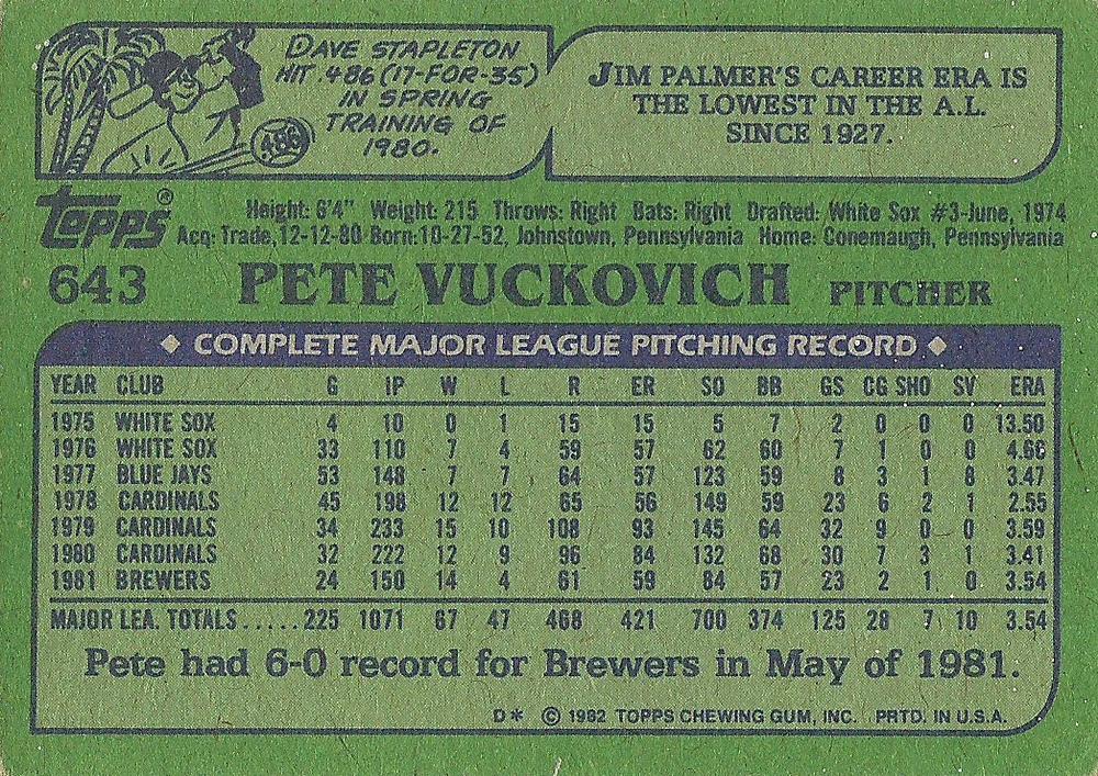 Pete Vuckovich  baseball card collectible - Main Image 2
