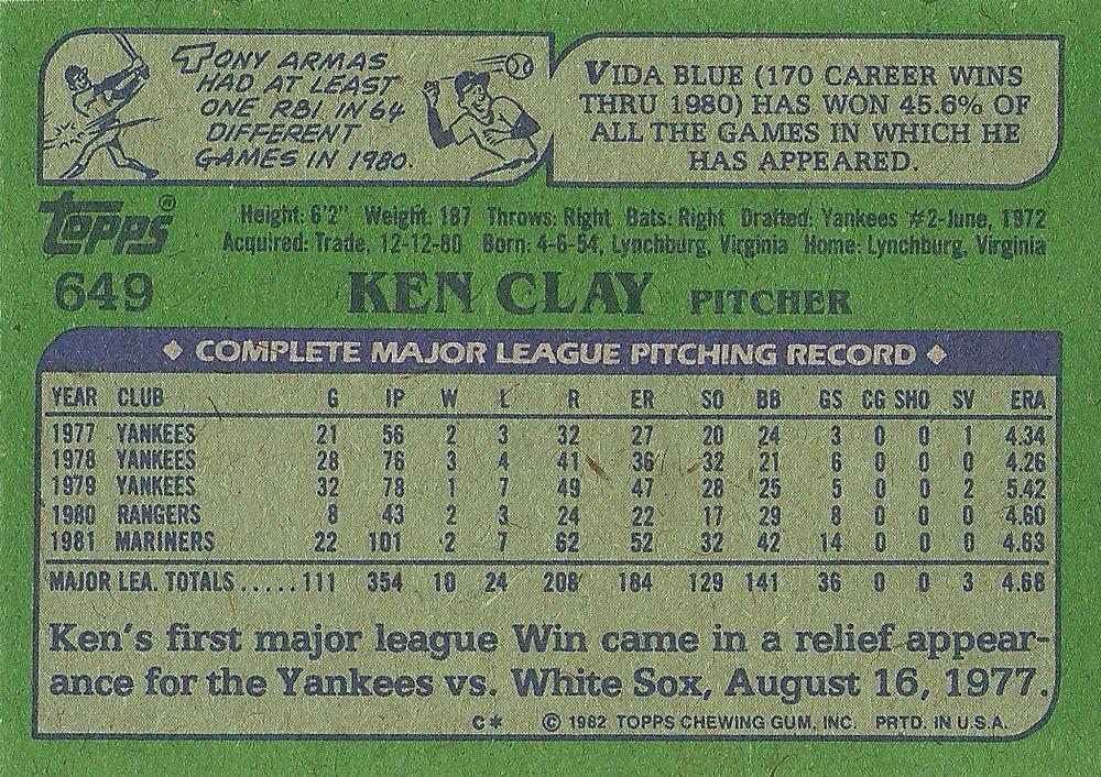 Ken Clay  baseball card collectible - Main Image 2