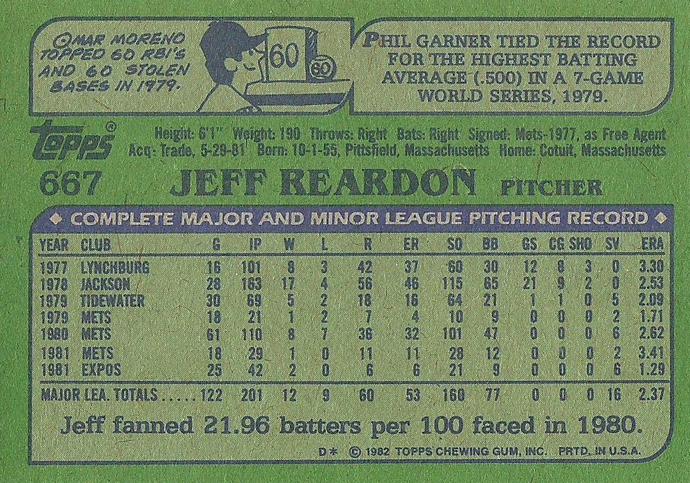 Jeff Reardon  baseball card collectible - Main Image 2