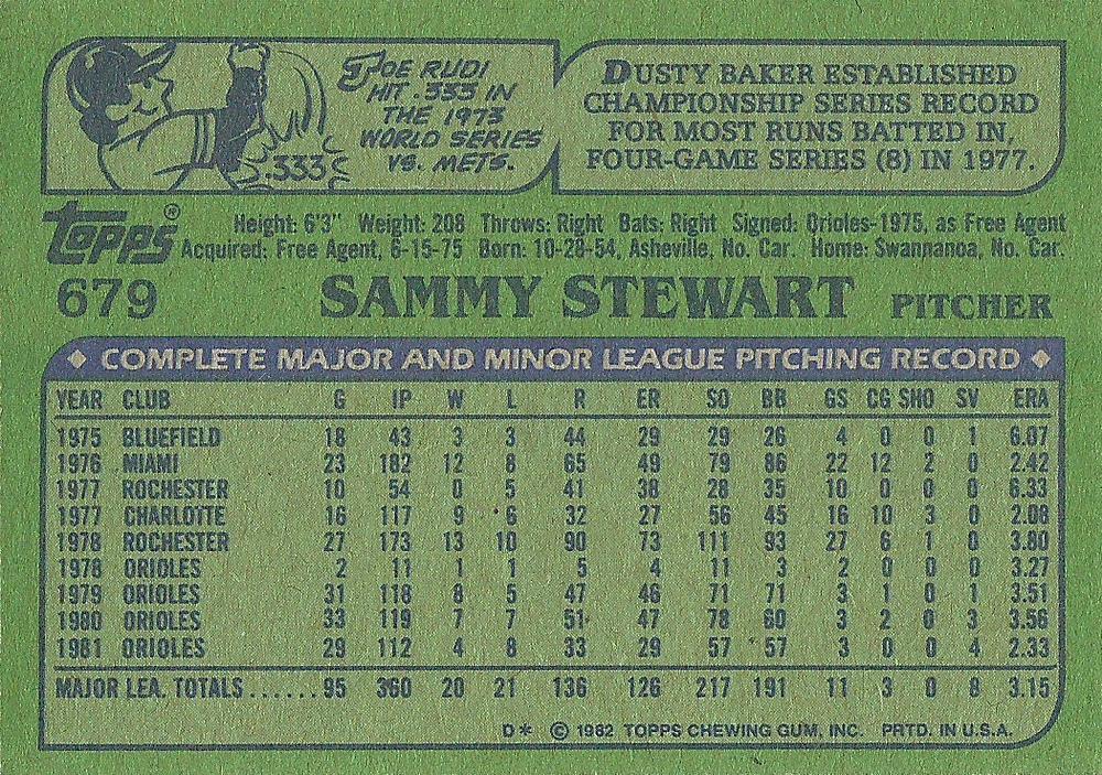 Sammy Stewart  baseball card collectible - Main Image 2