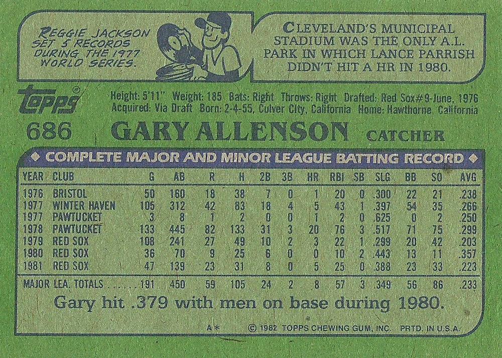 Gary Allenson  baseball card collectible - Main Image 2