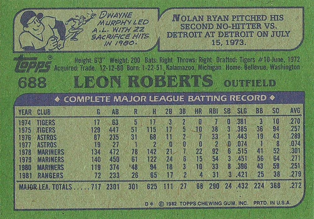 Leon Roberts  baseball card collectible - Main Image 2