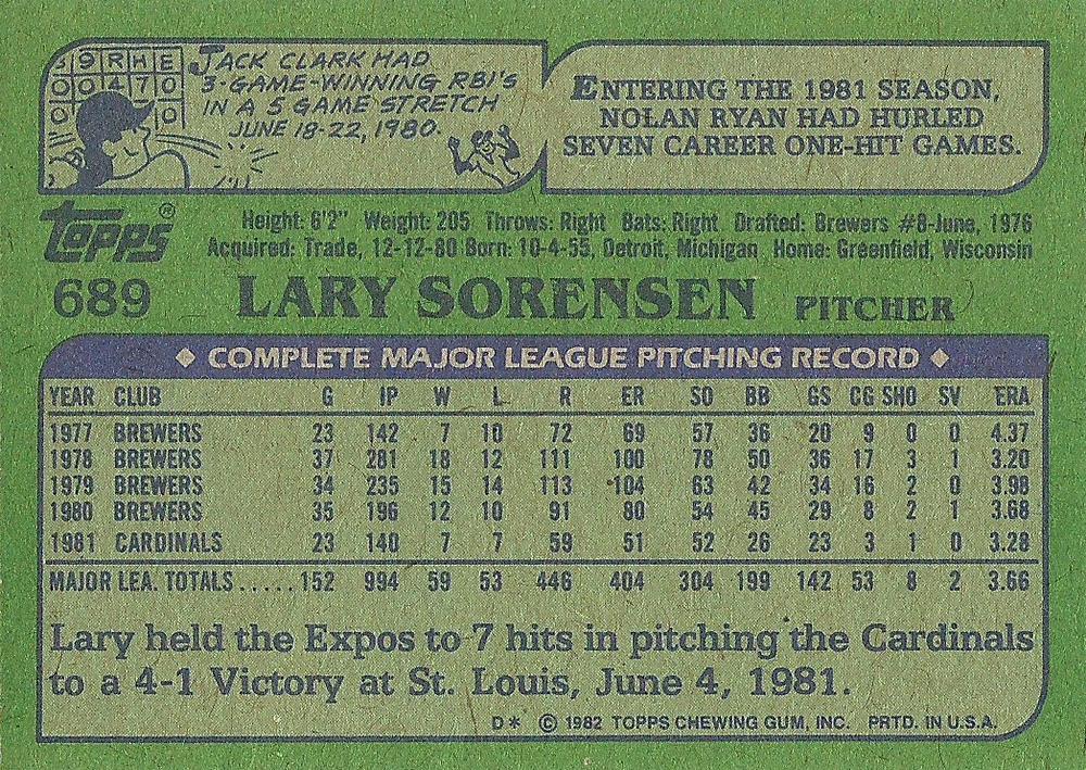 Lary Sorensen  baseball card collectible - Main Image 2