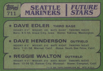 Mariners Future Stars (Dave Edler / Dave Henderson / Reggie Walton)  baseball card collectible - Main Image 2