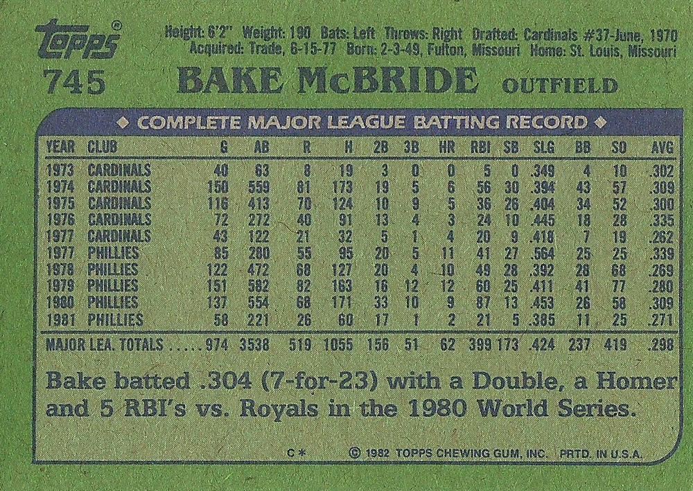 Bake McBride  baseball card collectible - Main Image 2
