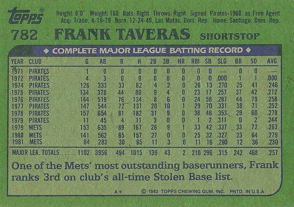 Frank Taveras  baseball card collectible - Main Image 2