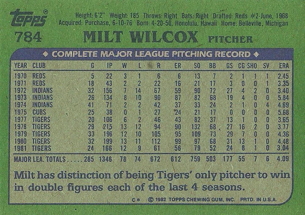 Milt Wilcox  baseball card collectible - Main Image 2