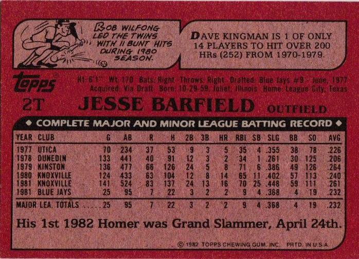 Jesse Barfield  baseball card collectible - Main Image 2