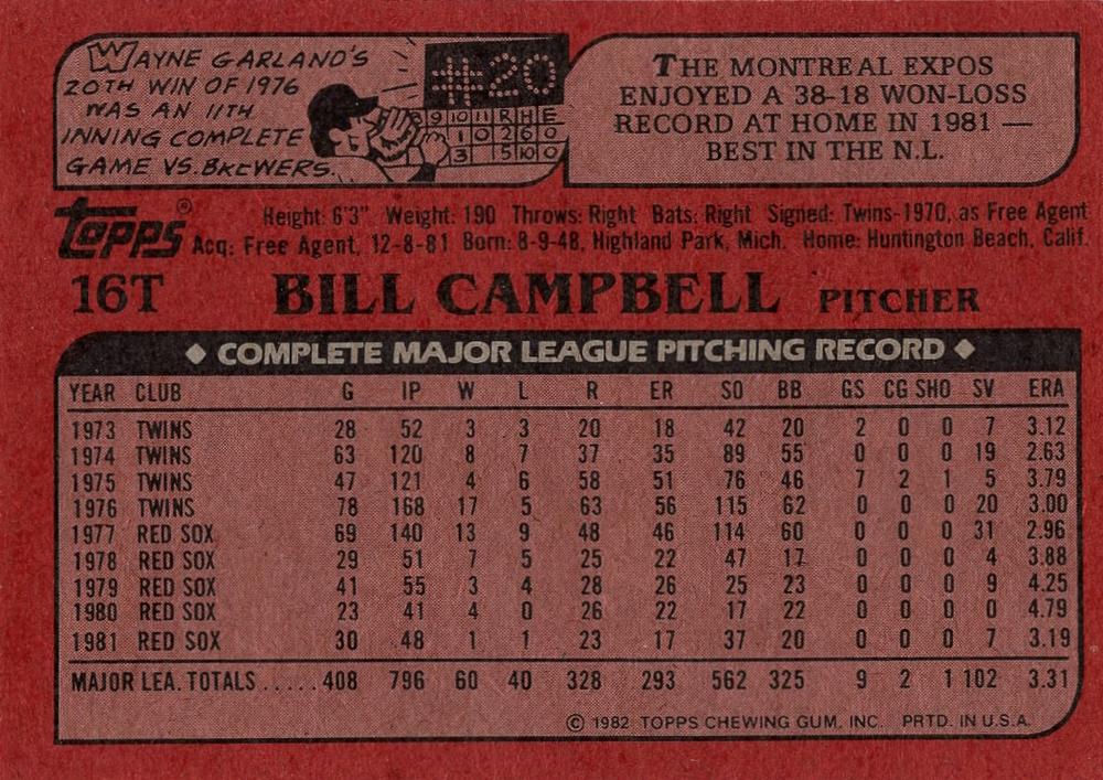 Bill Campbell  baseball card collectible - Main Image 2