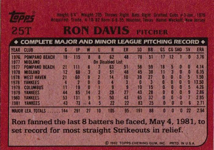 Ron Davis  baseball card collectible - Main Image 2