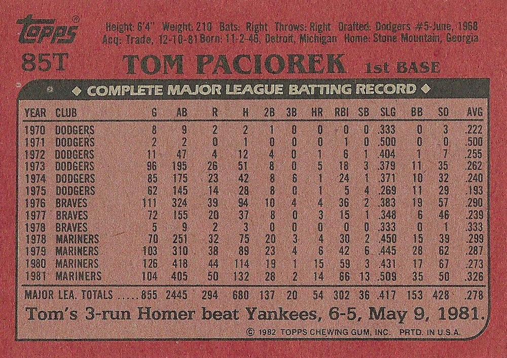 Tom Paciorek  baseball card collectible - Main Image 2