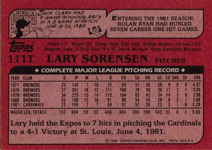 Lary Sorensen  baseball card collectible - Main Image 2