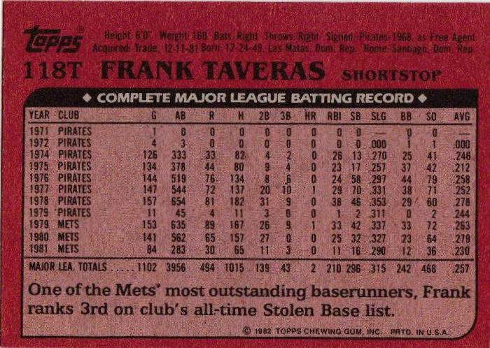 Frank Taveras  baseball card collectible - Main Image 2