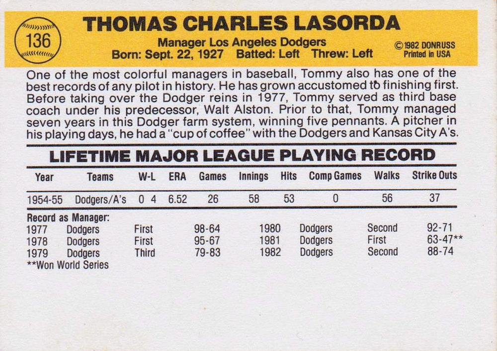 Tom Lasorda  baseball card collectible - Main Image 2