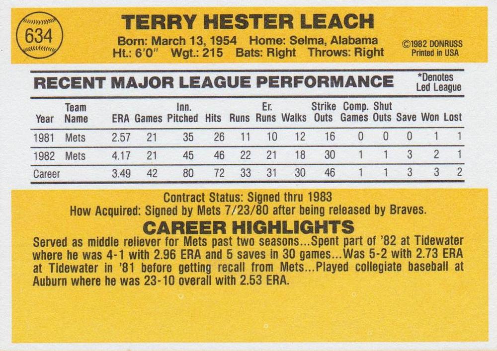 Terry Leach  baseball card collectible - Main Image 2