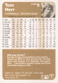 Tom Herr  baseball card collectible - Main Image 2