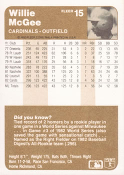 Willie McGee  baseball card collectible - Main Image 2
