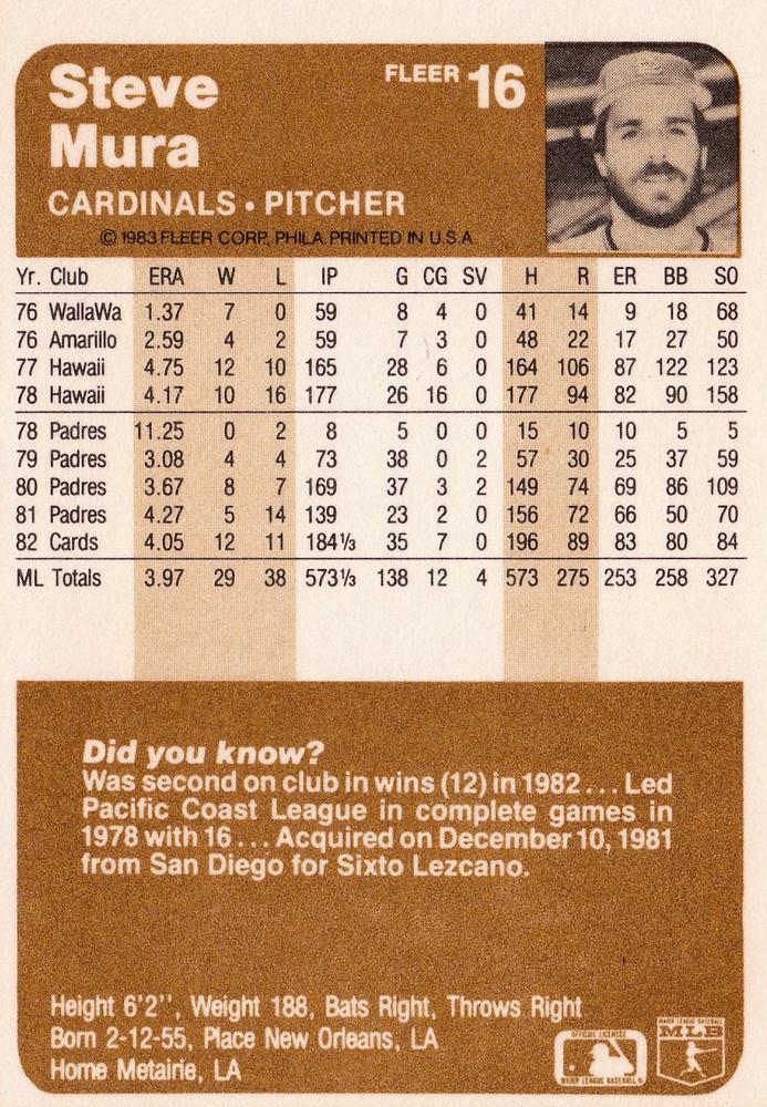 Steve Mura  baseball card collectible - Main Image 2