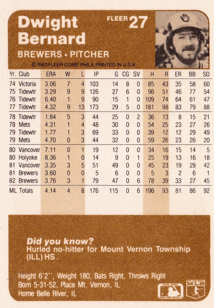 Dwight Bernard  baseball card collectible - Main Image 2