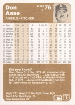 Don Aase  baseball card collectible - Main Image 2