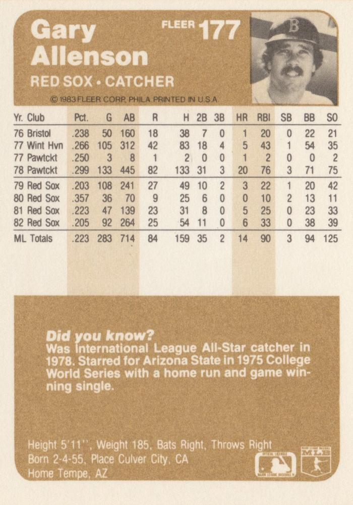 Gary Allenson  baseball card collectible - Main Image 2