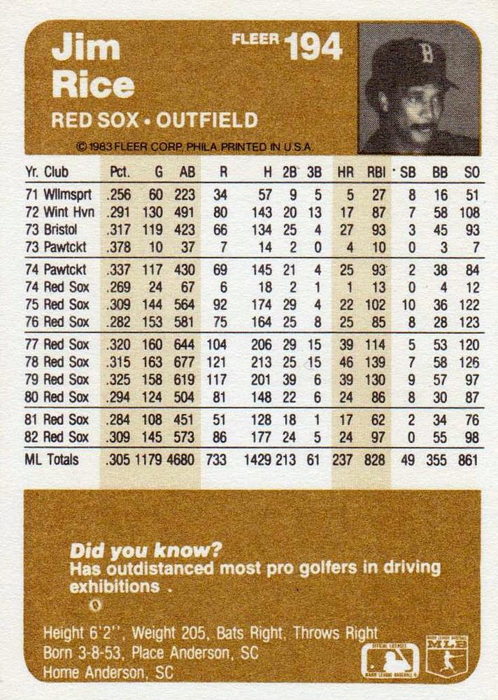 Jim Rice  baseball card collectible - Main Image 2