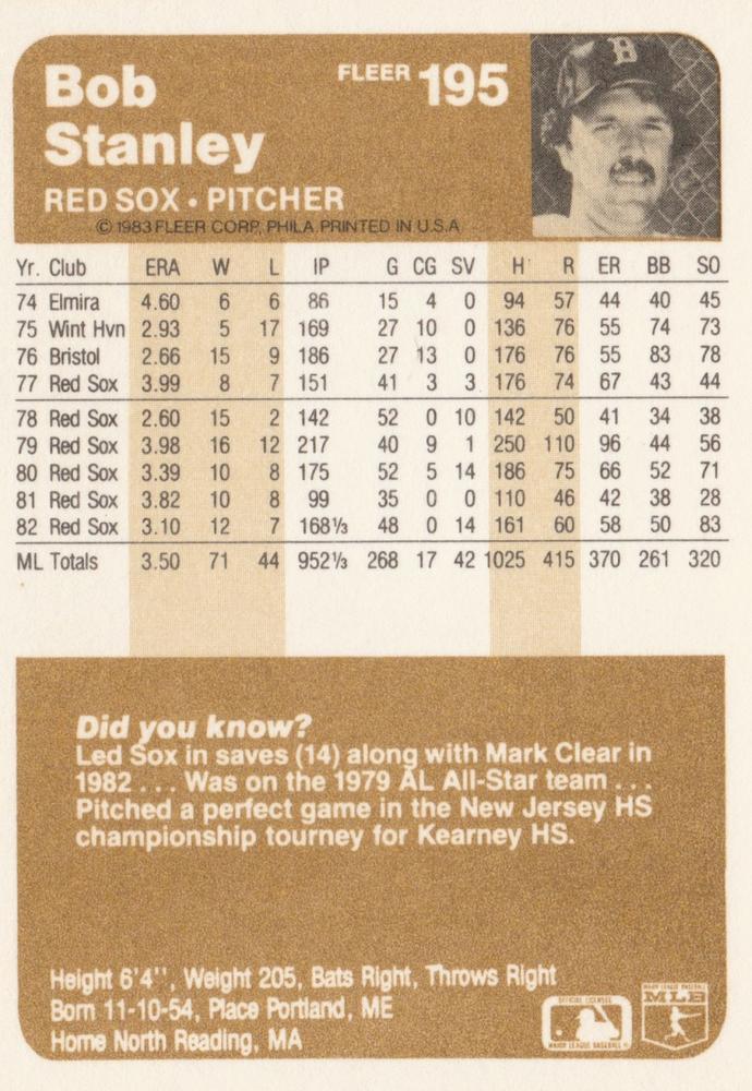 Bob Stanley  baseball card collectible - Main Image 2