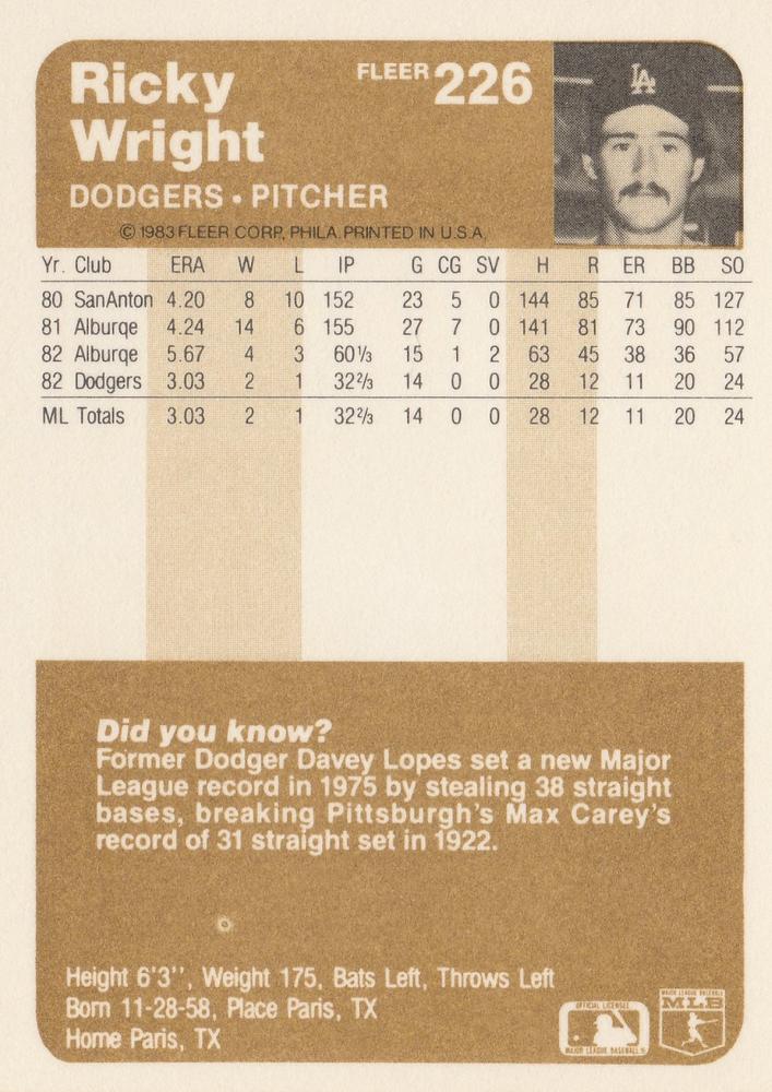 Ricky Wright  baseball card collectible - Main Image 2