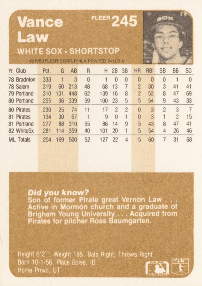 Vance Law  baseball card collectible - Main Image 2