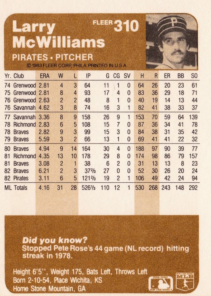 Larry McWilliams  baseball card collectible - Main Image 2