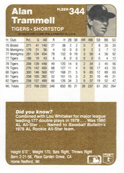 Alan Trammell  baseball card collectible - Main Image 2