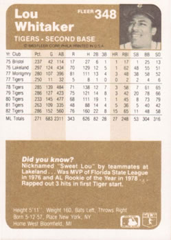 Lou Whitaker  baseball card collectible - Main Image 2