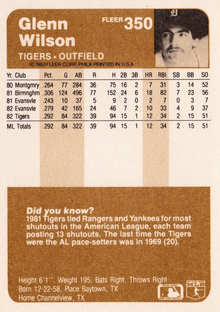 Glenn Wilson  baseball card collectible - Main Image 2