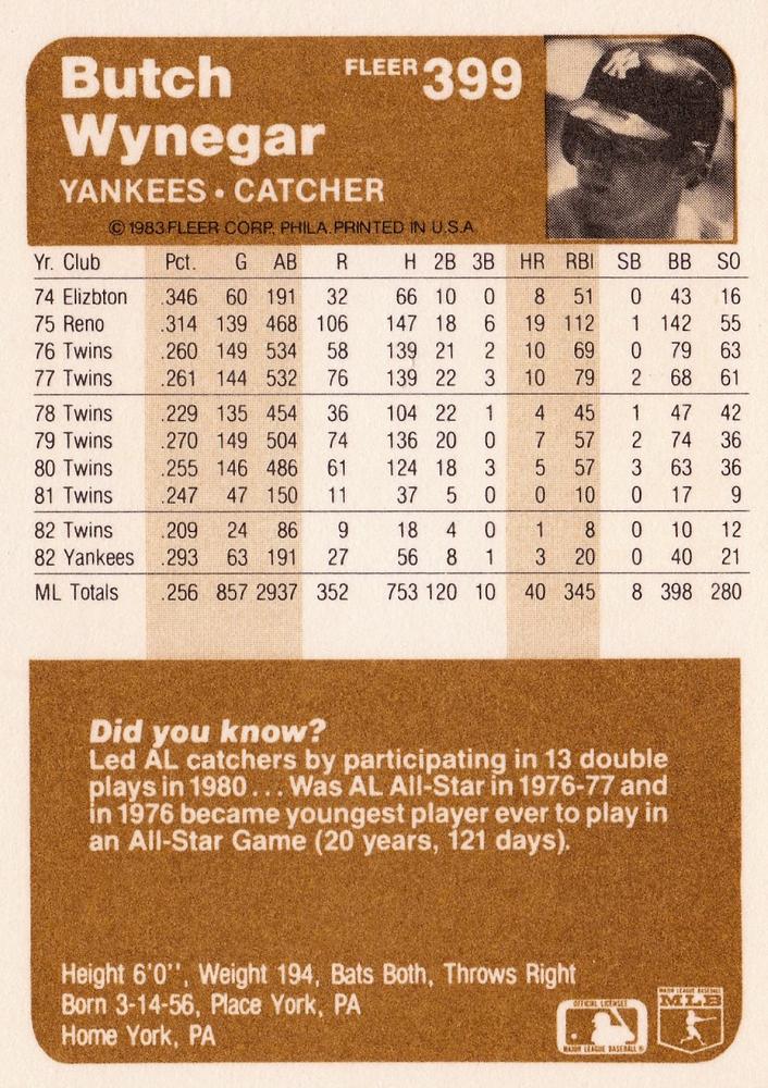 Butch Wynegar  baseball card collectible - Main Image 2