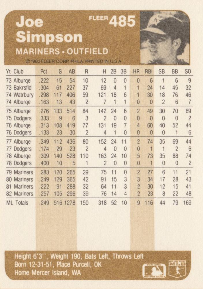 Joe Simpson  baseball card collectible - Main Image 2