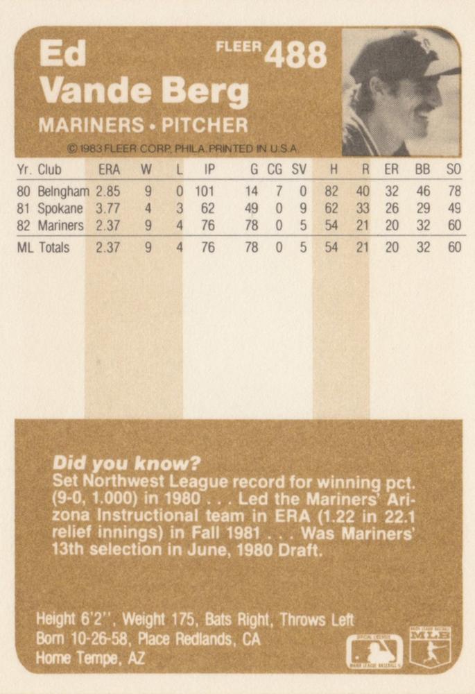 Ed Vande Berg  baseball card collectible - Main Image 2