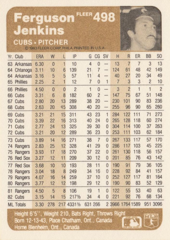 Ferguson Jenkins  baseball card collectible - Main Image 2