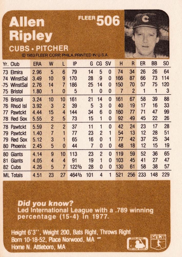 Allen Ripley  baseball card collectible - Main Image 2