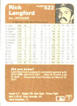 Rick Langford  baseball card collectible - Main Image 2